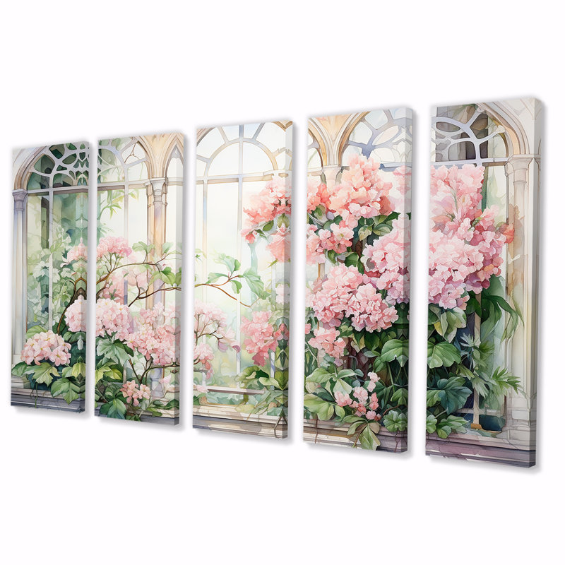 «Pink Blossoming Country Window Gaze III», art mural sur toile 5 pièces, H 28 po x l 60 po