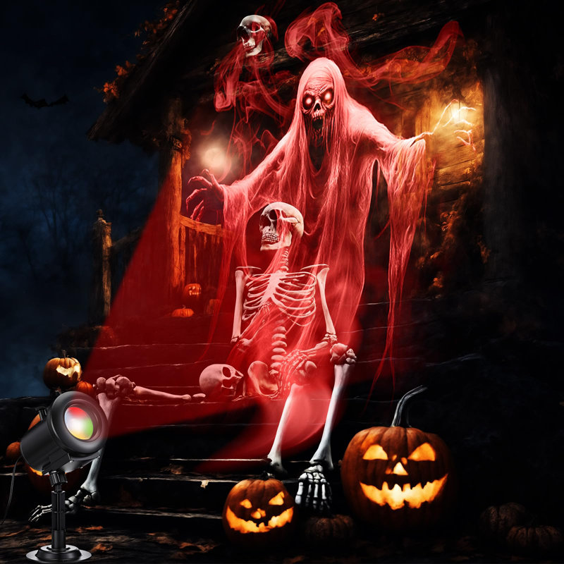 Projecteur d'Halloween pour l'extérieur, intérieur, effets dynamiques 3D 12-en-1 avec crâne, chauves-souris fantômes, et télécommande pour le jardin de la fenêtre, décoration d'Halloween
