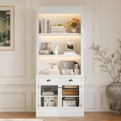 Bibliothèque de 83,4 po de hauteur avec éclairage DEL, bibliothèque moderne avec 2 portes en verre et 1 tiroir, bibliothèque de rangement avec tablettes ouvertes pour le salon, le bureau personnel, blanc