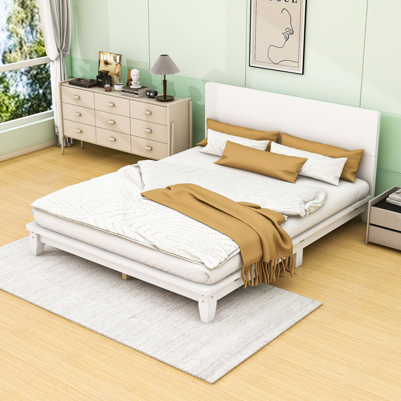 Platform Bed Frame with Headboard, White, Queen