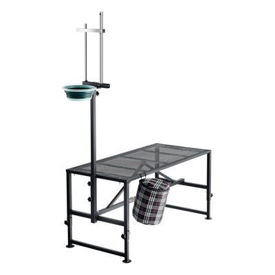 Support de traite robuste pour chèvres avec mangeoire, têtière réglable et panier à outils, plateforme pour le toilettage et le parage des sabots, capacité de 272 kg, 119 x 58 cm, noir