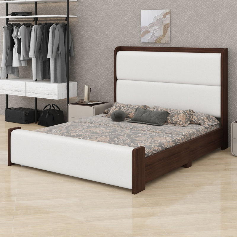 Cadre de lit plateforme avec tête et pied de lit rembourrés pour un montage facile, Grand lit, Brown