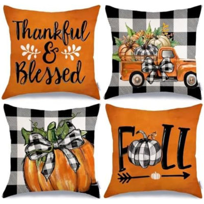 Fall Decorative Throw Pillow Covers 20 x 20 Inch Set of 4, Pumpkins Thankful Blessed Buffalo Plaid Fall Decor Outdoor Farmhouse Pillow Cases for Home Couch (Orange Color)
