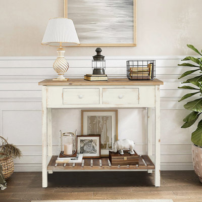 Console rétro à deux tiroirs avec tablette ouverte et finition vieillie, idéale pour le vestibule, le salon, le couloir et le canapé derrière