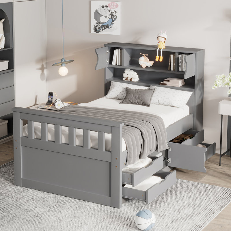 Structure de lit plateforme simple avec bibliothèques et tablettes de rangement, quatre tiroirs, gris, Gris