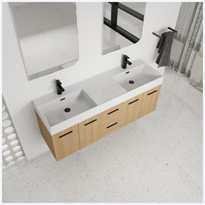 60" Wall Mounted Floating Double Sink Bathroom Vanity, Light Oak Plywood Cabinet with Drawers & Doors, Extra-Large Storage, Integrated Resin Sinks, Soft-Close Hardware