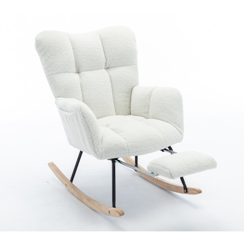 Chaise berçante en tissu avec repose-pieds Teddy, Ivoire ivoire