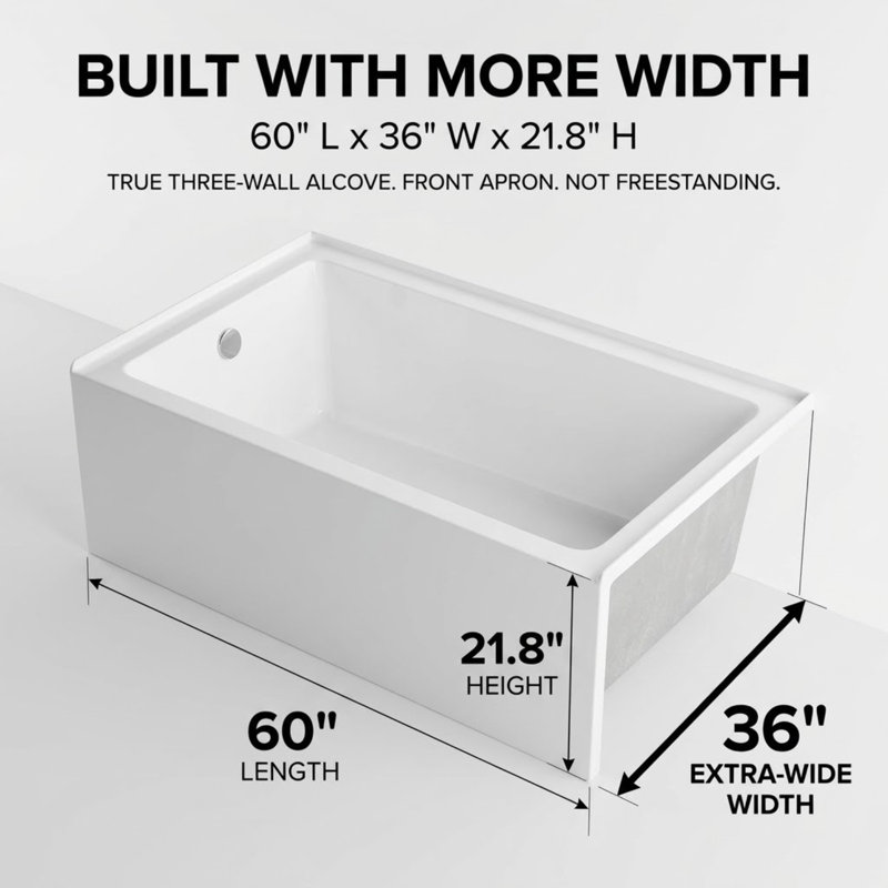 Baignoire alcôve moderne de 60 po x 36 po avec dossier ergonomique et base antidérapante, drain à gauche, blanc brillant - LUXE