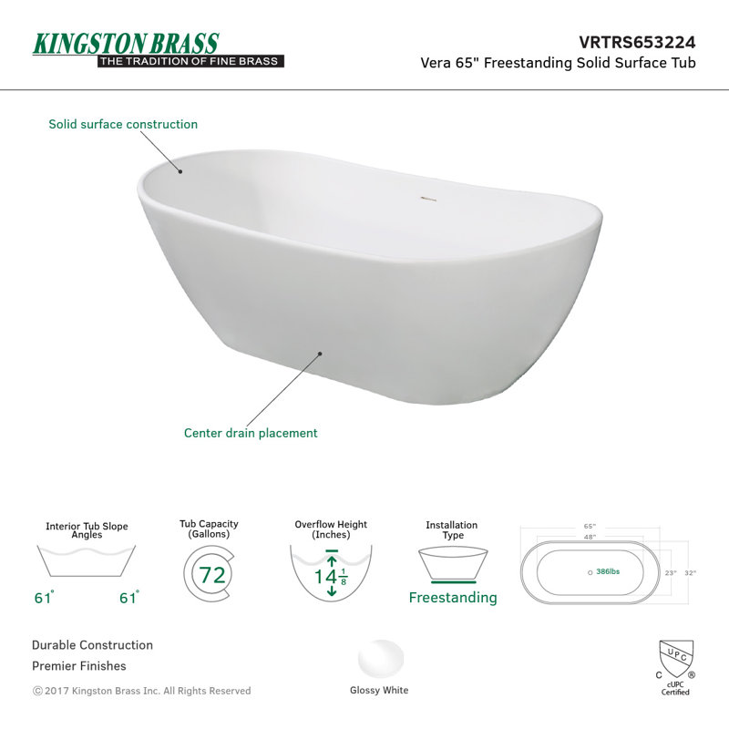 baignoire de trempage autoportante à collet Aqua Eden, H 32,31 po x l 64,56 po x p 23,63 po