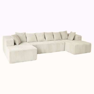 130" Boneless Couch, Cloud Couch Sectional, Corduroy Sofa For Living Room, U Shaped Modular Sofa With Chaise, No Assembly, 4 Seats Oversized