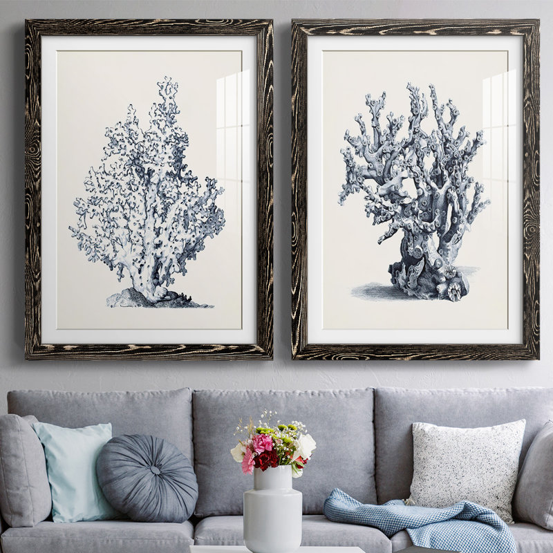 «Blue Antique Coral I-Premium», reproduction encadrée prête à être accrochée, H 31,5 po x l 88 po x P 1,5 po, Noir