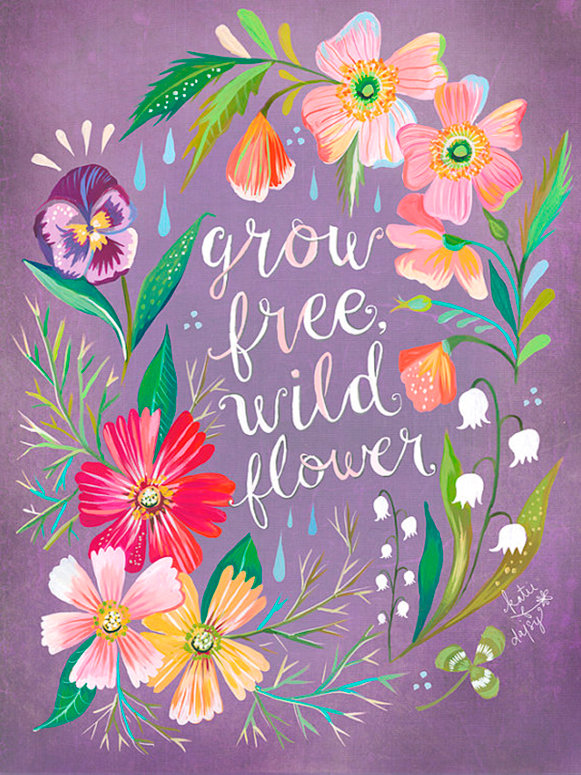 «Purple Grow Free, Wildflower» par Katie Daisy - art textuel sur toile, H 32 po x l 24 po