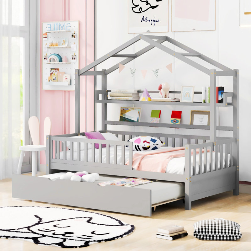 Lit maison avec lit gigogne et tablette, Lit simple, Gris