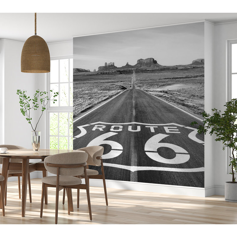 Papier peint de qualité supérieure - Route 66 - noir et blanc, L 90 po x L 120 po, Non-collé