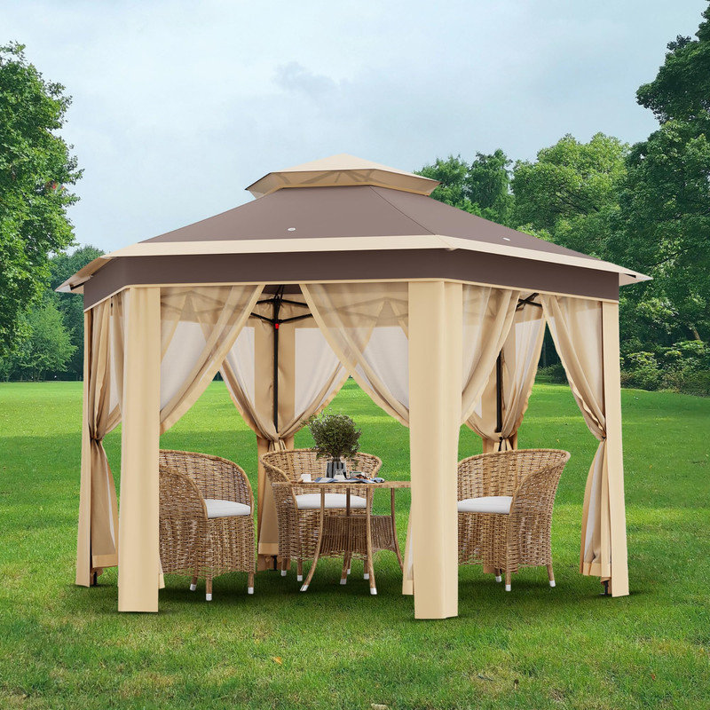 13x13 ft Hexagon Patio Gazebo with Mosquito Nettings, Durable Steel Frame Outdoor Canopy Tent, UV Protection Sun Shelter for Backyard, Garden, Lawn - Khaki