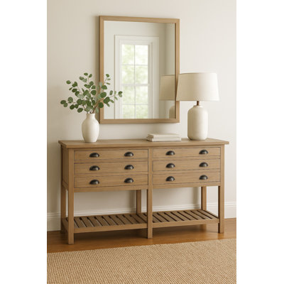 Buffet à double baie de 61 po Sunset Trading Cottage | Tablettes | Bois flotté brun | Bois d'acajou massif | Console
