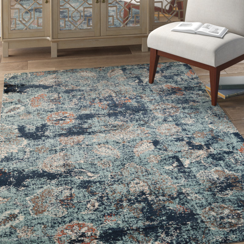 Tapis bleu damassé Farwa, Rectangle 12 pi 6 po x 15 pi