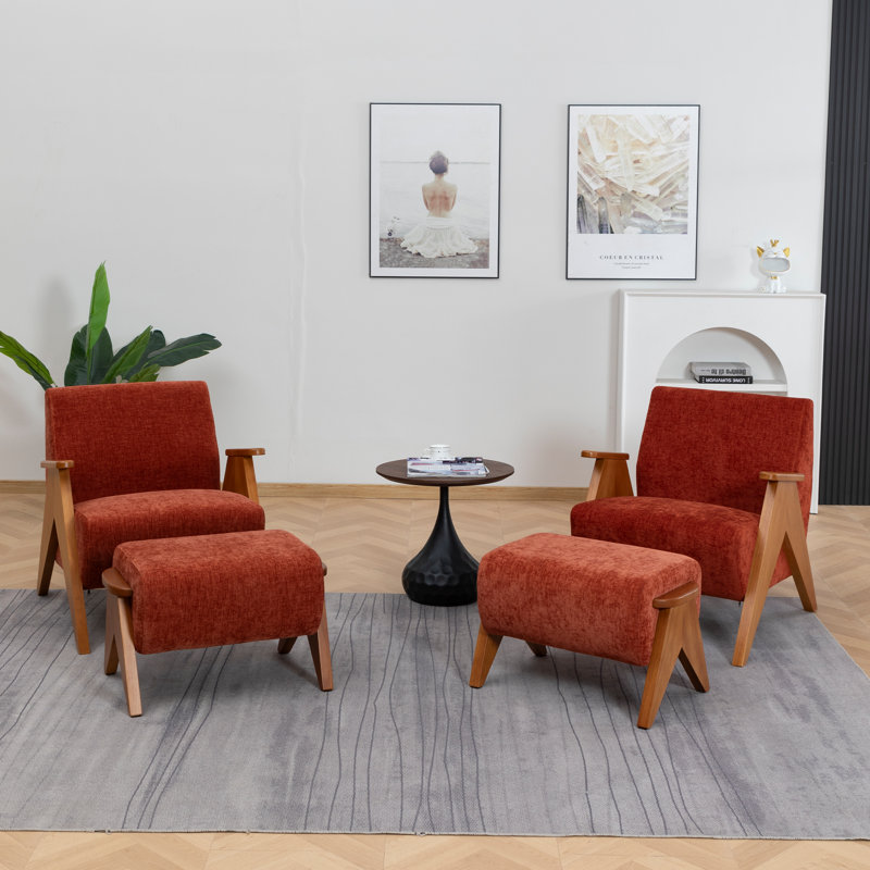 Upholstered Armchair with Footstool, Orange