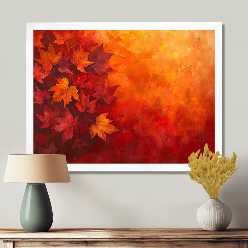 Feuilles d'érable d'automne - art mural pour salon, H 24 po x l 32 po, Avec cadre, Blanc
