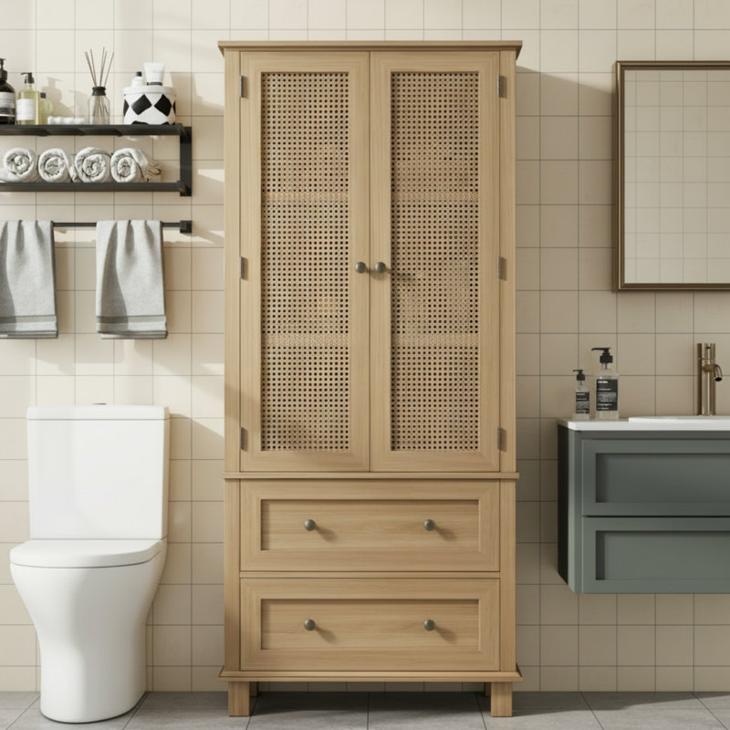 Armoire de rangement en chêne et rotin à deux tiroirs et porte en lin