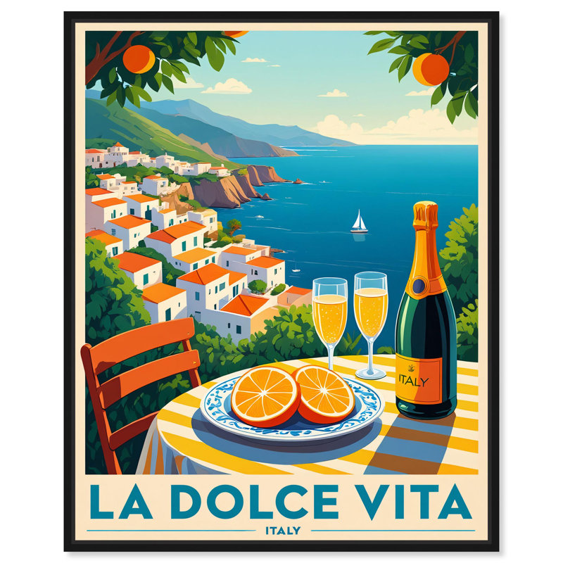 «Sorrento Sunset Sips», impression sur toile, «Retro Summer Prints» par Art Remedy, Structure noire, H 21 po x l 17 po