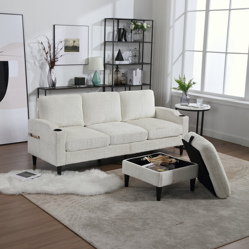 Chenille Sectional Sofa with side pocket,2 cup holders, Beige Chenille