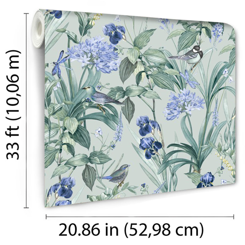Papier peint botanique Mint Birds and Dragonflies, Vert