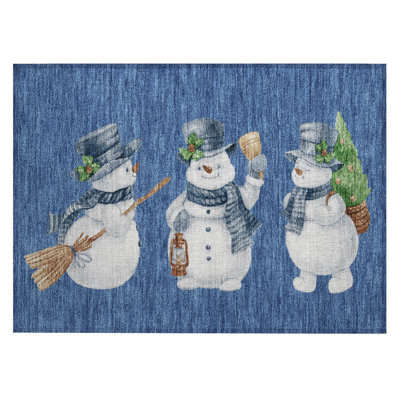 Tapis bleu marine Xhevrie bonhomme de neige lavable à la machine intérieur / extérieur