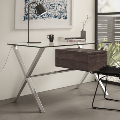 Pangea Home Beverly Writing Desk - 51" Modern Writing Desk – Office Desk for Home Workspace or Bedroom- Espresso Brown Wood with Silver Steel X-Leg Desk
