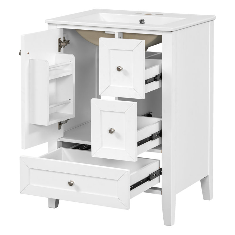 Meuble-lavabo autoportant de 24 po avec lavabo et tiroirs avec plateau en céramique et tablettes de rangement, panneau de fibres à densité moyenne et structure en bois massif, meuble-lavabo moderne pour petites salles de bain