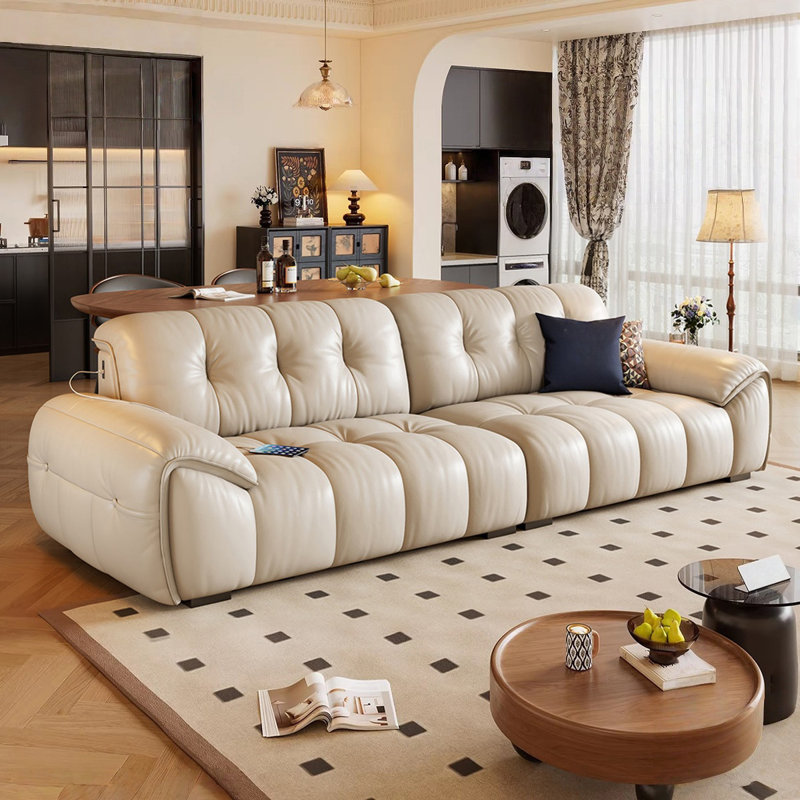 Canapé modulaire blanc en cuir véritable, White, 34.65" H x 118.9" W x 38.58" D