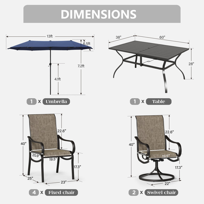 Ensemble repas de patio 6 places avec parasol, 8 pièces: table, 4 chaises, parasol et 2 chaises , Marine