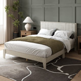 Queen Size Wood Bed Frame With Velvet Upholstered Headboard, Platform Bed Frame With Strong Wooden Slats