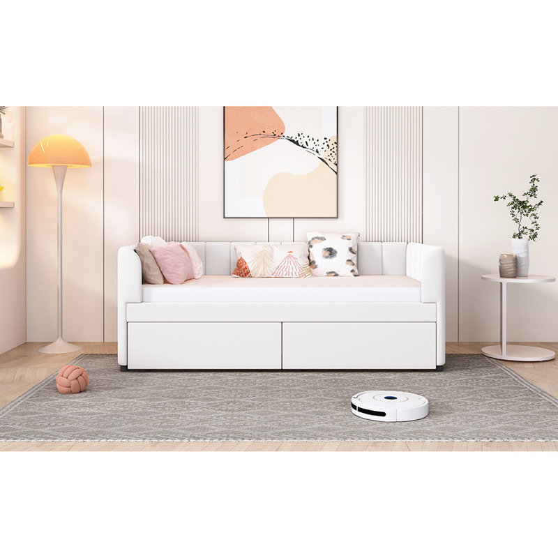 Twin Size Daybed In Beige With Ergonomic Back And 2 Drawers - Classic Stripe Headboard For An Elegant Bedroom Assessment A Inspection