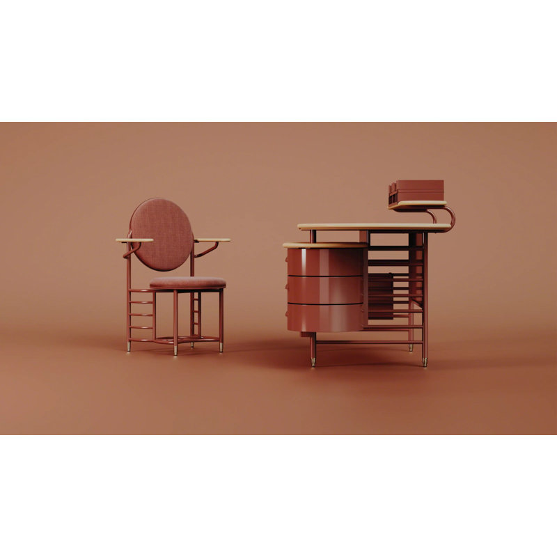 Frank Lloyd Wright Racine Signature Guest Chair with Arms, Linen Beige 100% Polyester, Warm White