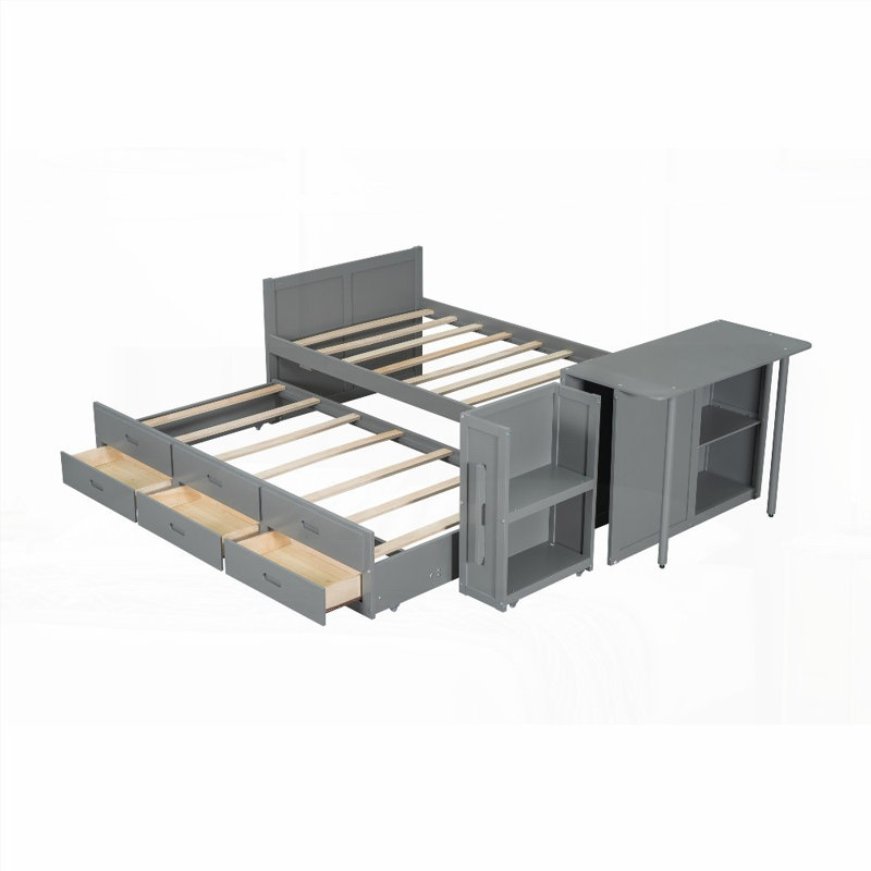 Lit plateforme simple en bois avec bureau intégré, tablette de rangement et amp; Lit gigogne, sans sommier, gris, Grey