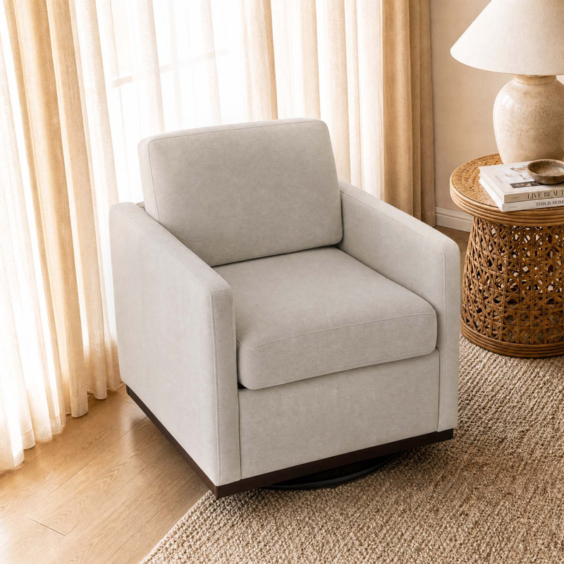 Modern Upholstered Sand Square Swivel Armchair with Matel Base, Sand Chenille