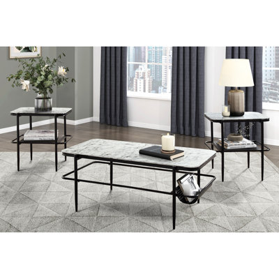 Table d'appoint moderne 3 pièces: dessus en verre blanc avec impression de marbre et rangement pour la date