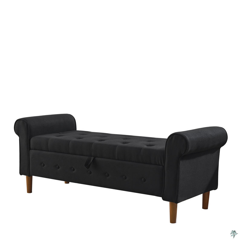 Tufted Button Storage Bench, Fabric Upholstered Ottoman, Window Bench, Rolled Arm Design