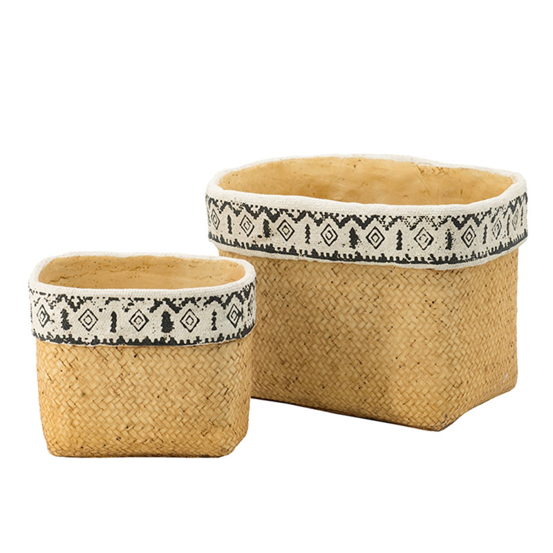 Geometric Trimmed Of 2 Rectangular Basket Planters Brown Multi Cement For Indoor Outdoor Use, L:10.4X8.7X7.9 S:7.3X5.5X5.9 Inches, 12.1 Lbs Decor,