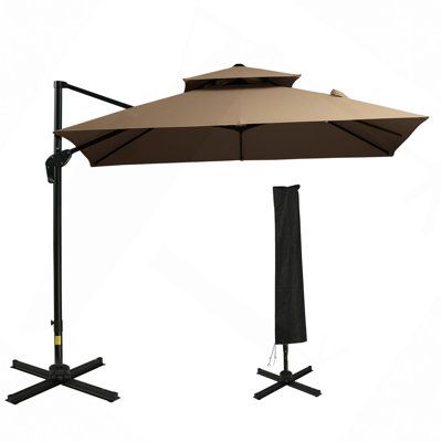 8FT Cantilever Square Outdoor Offset Umbrella With 360° Rotation, Aluminum Hanging Umbrella With 3-Position Tilt, Crank & Cross Base For Garden