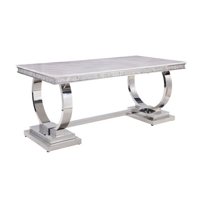 Edd Rectangular Dining Table in White and Mirrored Silver