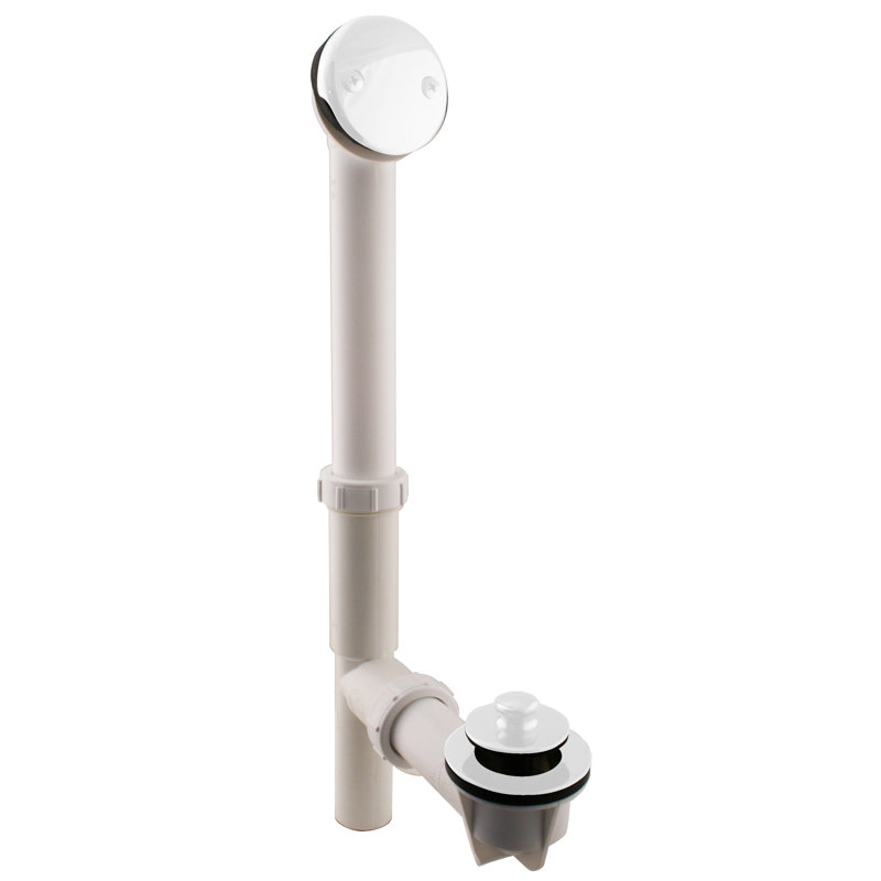 14" White Polypropylene Pull To Open Bathtub Leg Drain Assembly with Two-Hole Overflow , Powder Coat White