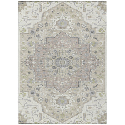 10' X 14' Ivory Beige And Gray Oriental Washable Indoor Outdoor Area Rug