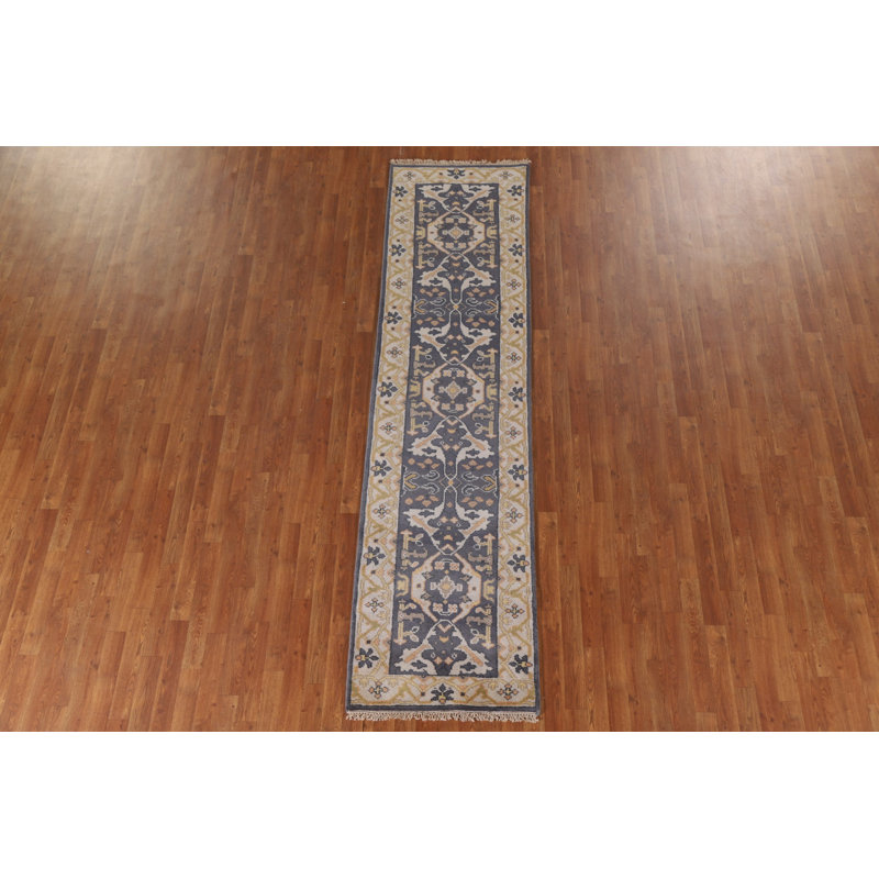 Tapis de couloir indien fait à la main bleu Oushak 3 x 10