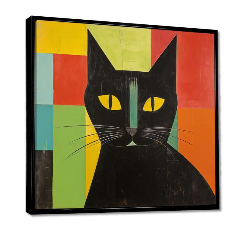 Portrait de chat noir minimal - salon d'art mural chat, Toile avec cadre noir, H 16 po x l 16 po x P 1 po