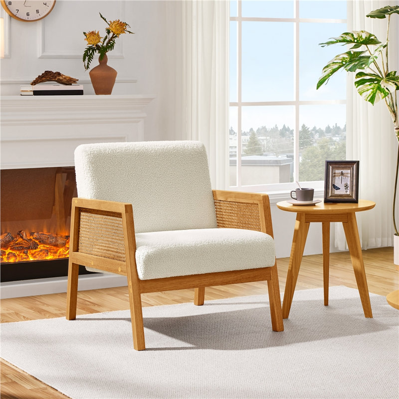 Bergstrom Upholstered Accent Chair Armchair with Rubberwood Legs, Ivory Polyester