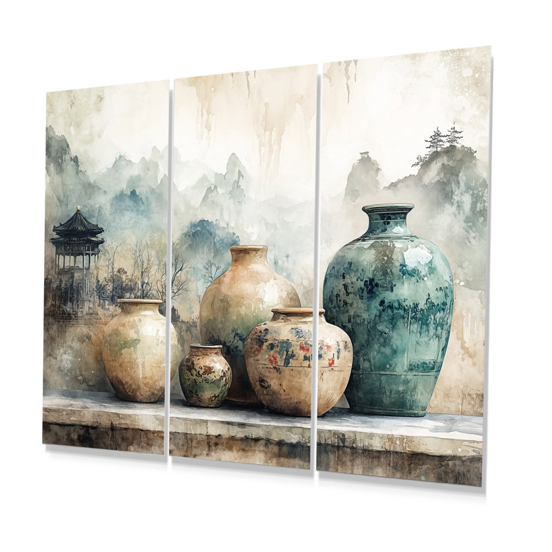 Ensemble de décorations murales poterie bleue et orange, Toile encadrée flottée blanche, H 32 po x l 48 po x P 1 po