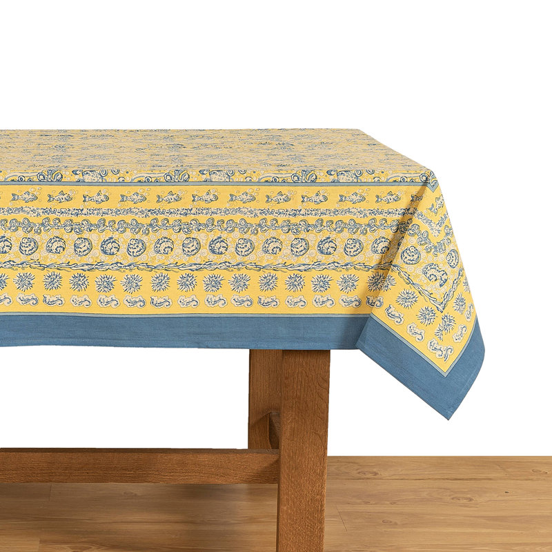La Mer Handmade Floral Tablecloth, 71" Square, Yellow/Blue