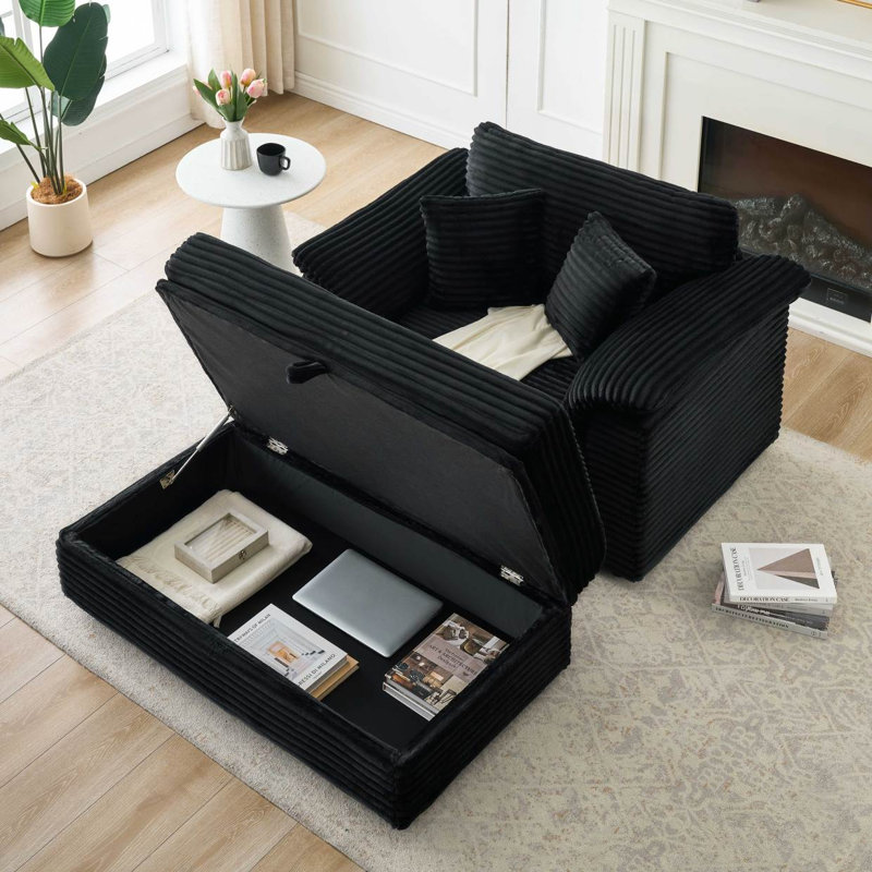 47.24" Corduroy Upholstered Sofa With Storage Ottoman, Black